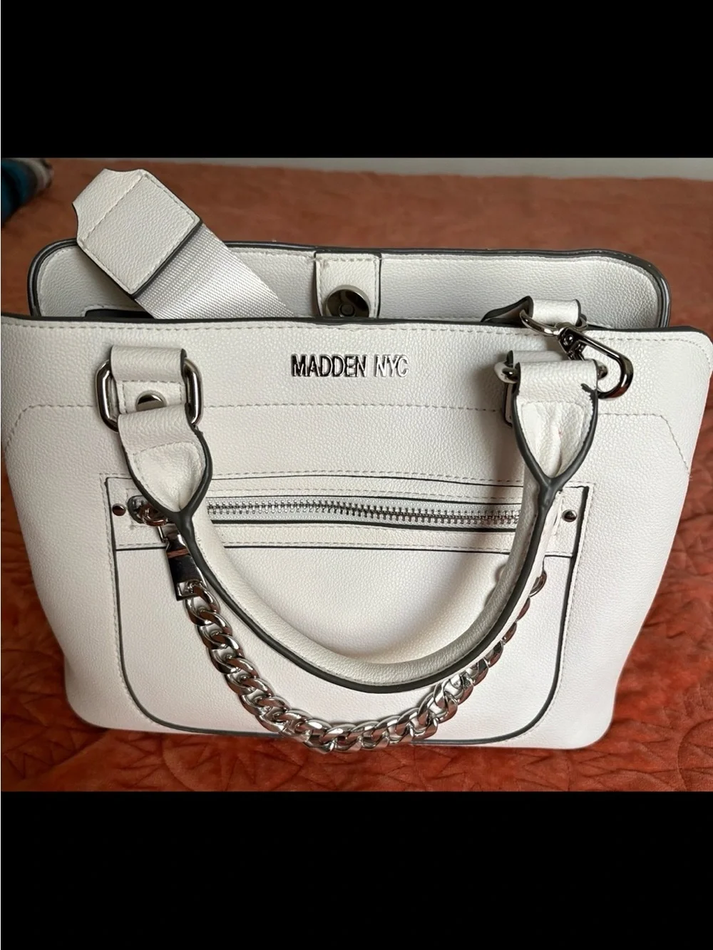 Madden NYC White Leather Satchel with Silver Chain Accent